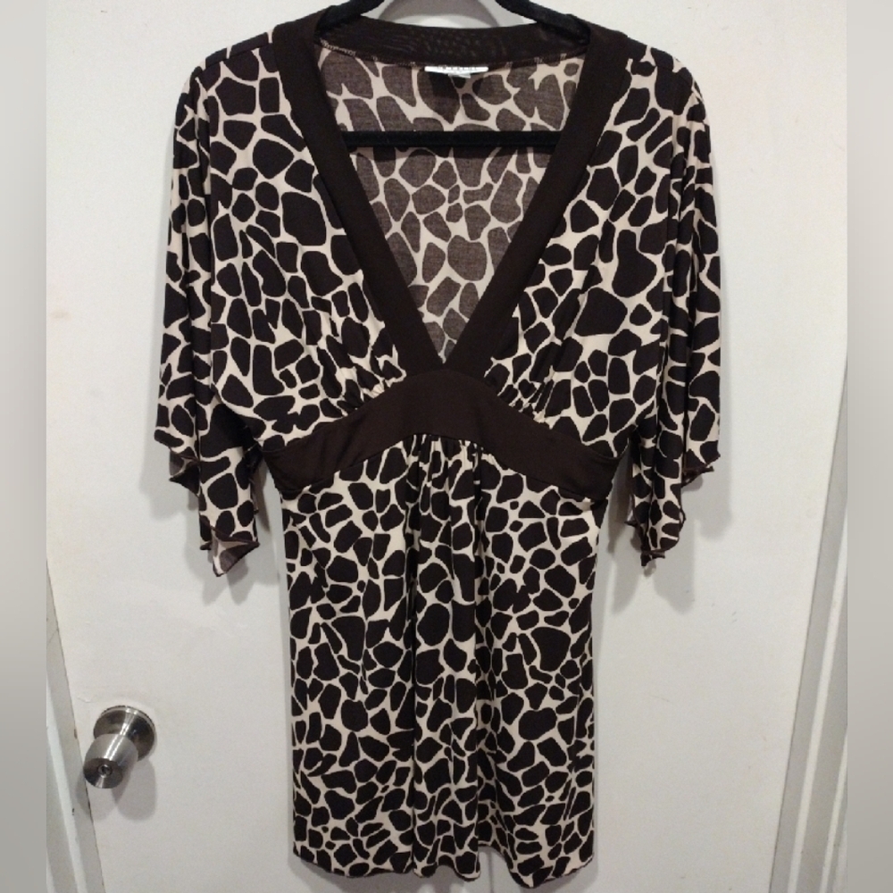 En Focus Studio Women's Slinky Babydoll Y2K V-Neck Tunic Top Sz 14-Animal Print